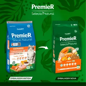 Nova embalagem Racao Premier Selecao Natural Gatos Castrados Frango Korin